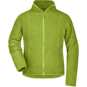 A green microfleece jacket with a zip-up front and long sleeves, featuring a logo on the chest.