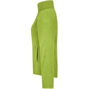 A side view of a bright green microfleece jacket with a high collar and pocket. The jacket features a logo.