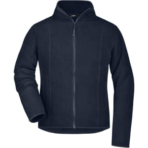 A navy blue microfleece jacket with a full zip and long sleeves, featuring a logo on the chest.