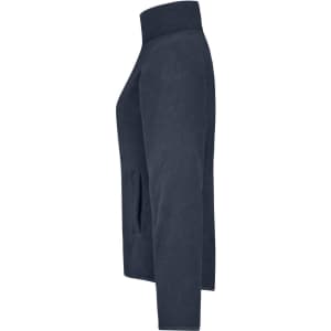 A navy microfleece jacket with a high collar and side pockets, featuring a logo on the fabric.