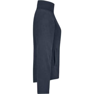 A navy microfleece jacket with a high collar and side pockets. It has a simple design and features a logo.