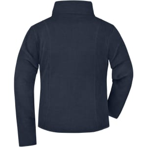 A navy microfleece jacket with a high collar and long sleeves, featuring a logo on the back.