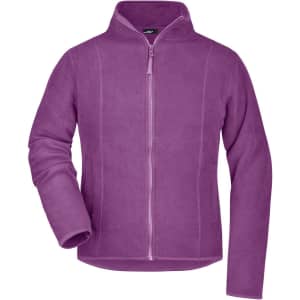 A purple microfleece jacket with a full zipper and high collar, featuring stitching details and a logo.