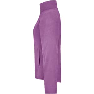 A purple microfleece jacket with a high collar and side pockets, featuring a logo.