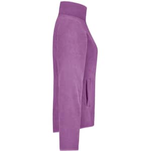 A purple microfleece jacket with a high collar and side pockets, featuring a logo.