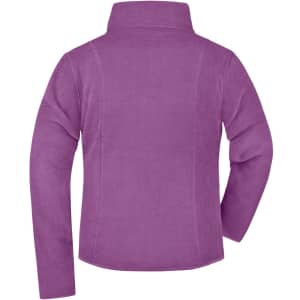 A purple microfleece jacket with a high collar and long sleeves, featuring a branding logo on the back.