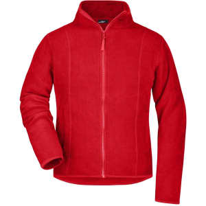 A red microfleece jacket with a zip front and a high collar, featuring one long sleeve and a logo.
