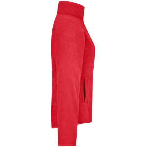 A red microfleece jacket with a high collar and side pockets, featuring a logo on the design.