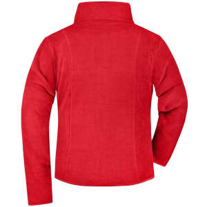 A red polar fleece jacket with long sleeves and a high collar. It features a branding logo.