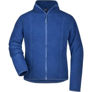 A blue microfleece jacket with a zip front and a collar, featuring a logo. Suitable for various outdoor activities.