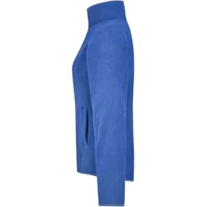 A blue microfleece jacket featuring a high collar and side pockets, with a logo on the sleeve.