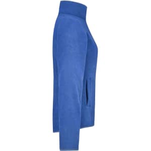 A side view of a blue microfleece jacket with a high collar and pockets. It features a logo on the design.