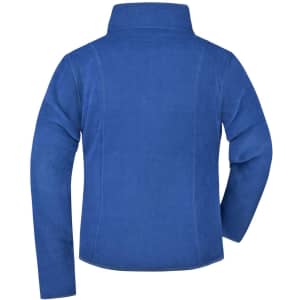 A blue microfleece jacket with a high collar and long sleeves, featuring a logo on the back.