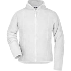 A white microfleece jacket with a zip front and a stand-up collar. It features a logo on the chest.