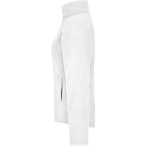 A white microfleece jacket with a high collar and side pockets. It has a simple design and features a branding logo.
