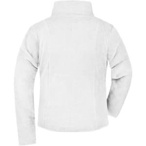 A white microfleece jacket featuring a collar and long sleeves, with a logo on the back.