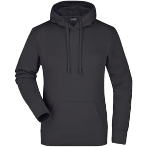 A black ladies hooded sweatshirt featuring a front pocket and drawstring. The garment has a logo.