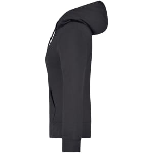 A black ladies hooded sweatshirt featuring a hood and a side view design. It includes a logo on the front.