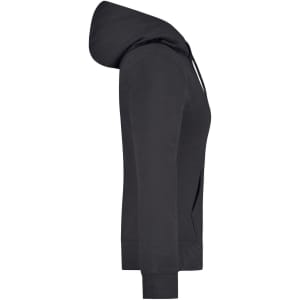 A black ladies hooded sweatshirt with a front pocket and ribbed cuffs, featuring a hidden branding logo.