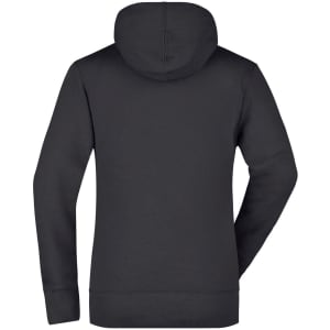 A black ladies hooded sweatshirt featuring a plain back and a hood. It has a simple, stylish design.