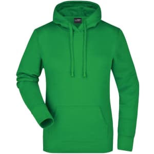 A green ladies hooded sweatshirt in a relaxed fit with a front pocket and drawstrings at the hood.