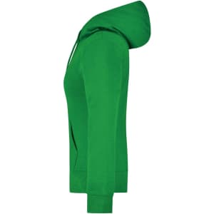 A green ladies hooded sweatshirt with a side view, featuring a hood and pockets, and has a logo.