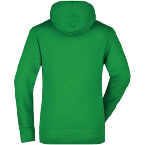 A green ladies' hooded sweatshirt with a smooth finish and a hood, featuring a logo on the back.