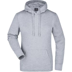 A grey hooded sweatshirt with a kangaroo pocket and drawstring hood, featuring a small logo.