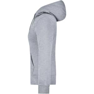 A grey ladies hooded sweatshirt with a full zip, featuring a hood and front pockets, displayed from the side.