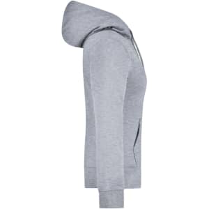 A grey ladies hooded sweatshirt with long sleeves and a front pocket, featuring a hood and a logo.