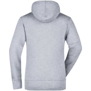 A grey hooded sweatshirt with a plain back and long sleeves, featuring a logo on the lower area.
