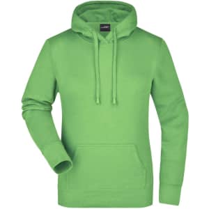 A green hooded sweatshirt featuring a front pocket and a drawstring hood. It includes a brand logo.