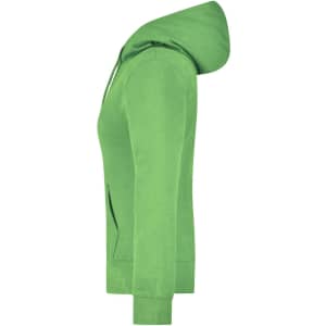 A green ladies hooded sweatshirt with a front pocket and a full hood, featuring a logo.