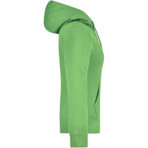 A green ladies hooded sweatshirt with a kangaroo pocket and a contrasting inner lining. It features a logo.