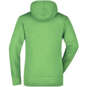A green hooded sweatshirt featuring a back view with a hood and long sleeves. It has a logo on the back.