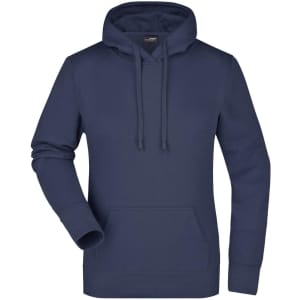 A navy blue hooded sweatshirt with a front pocket and drawstrings, featuring a logo on the chest.