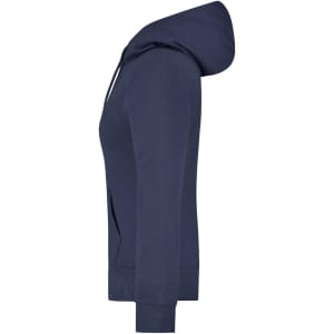 A navy ladies hooded sweatshirt displayed from the side, featuring a front pocket and ribbed cuffs.