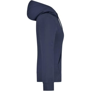 A navy ladies hooded sweatshirt with a full-length zip and a hood, featuring a logo on the front.