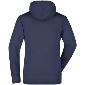 A navy ladies hooded sweatshirt featuring a rear view. It has long sleeves and a hood.