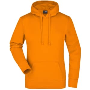 A vibrant orange hooded sweatshirt with a front pocket and drawstring hood, featuring a logo on the label.