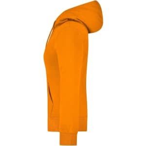 An orange hooded sweatshirt featuring a front pocket and a zip closure, seen from the side.