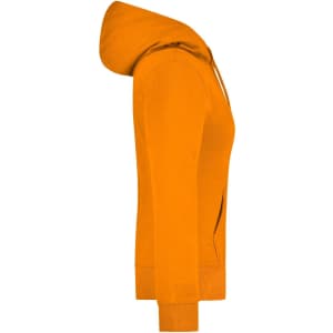 An orange hooded sweatshirt with a zip front and a kangaroo pocket. It features a logo on the chest.