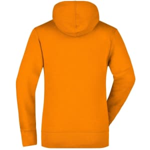 An orange hooded sweatshirt with a back view, featuring a hood and long sleeves. It includes a logo.