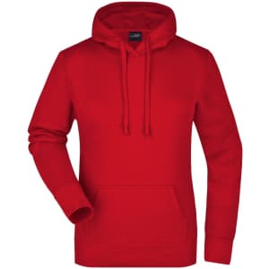 A red hooded sweatshirt for women featuring a front pouch pocket and drawstrings. Includes a logo on the label.