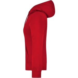 A red hooded sweatshirt featuring long sleeves and a front pocket, with a logo on the design.