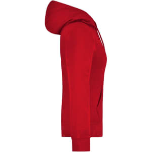 A red ladies hooded sweatshirt with a front zip and a logo, featuring a side view showing the hood.