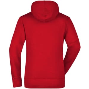 A red hooded sweat jumper with a solid colour design and a logo on the back.