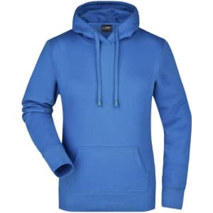 A blue hooded sweatshirt with a front pocket and drawstrings, featuring a logo on the label.