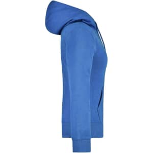 A blue ladies hooded sweatshirt with a front pocket and a hood, featuring a logo.