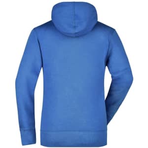 A blue hooded sweatshirt with a smooth finish, featuring a hood and long sleeves, and a branding logo.